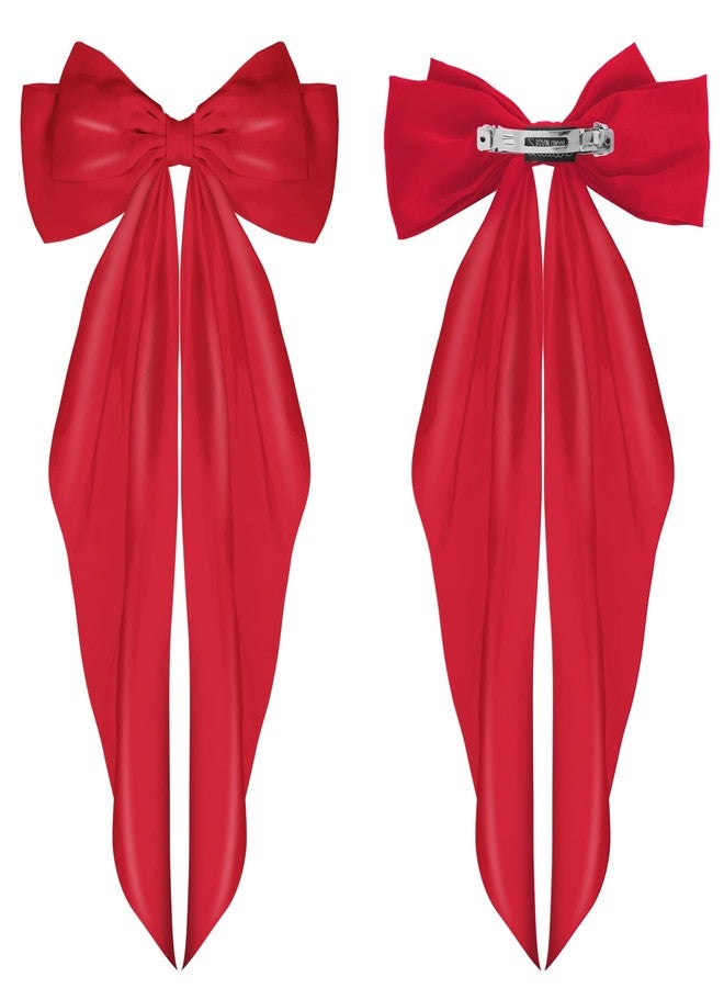 ولهيف مشابك شعر كبيرة من الساتان الحريري من WLLHYF، دبابيس معدنية طويلة على شكل فيونكة فرنسية، مشابك شعر للنساء والفتيات، لحفلات الزفاف وأعياد الميلاد (أحمر) - Image 3