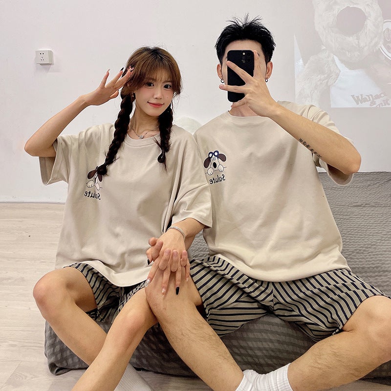 Summer Couple Pajamas Cotton Short-Sleeved Shorts Thin Cartoon Cute One Male And One Female Outwear Loose Home Clothes - Image 1