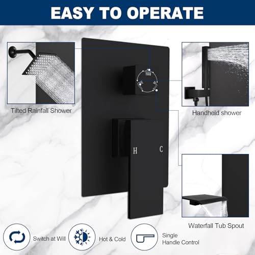 Drettyer Matte Black Concealed 3 Way Outlet Function Shower Diverter Valve Brass Flow Control Mixer Mixing Rough-In Shower Valve Kit - Image 3
