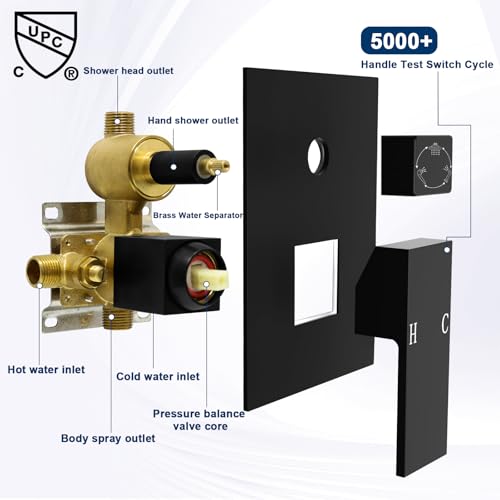 Drettyer Matte Black Concealed 3 Way Outlet Function Shower Diverter Valve Brass Flow Control Mixer Mixing Rough-In Shower Valve Kit - Image 4