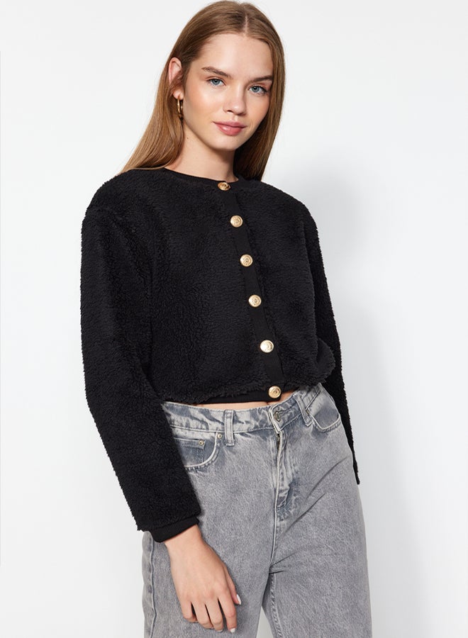 trendyol Black Gold Buttoned Plush Crop Knitted Cardigan - Image 2