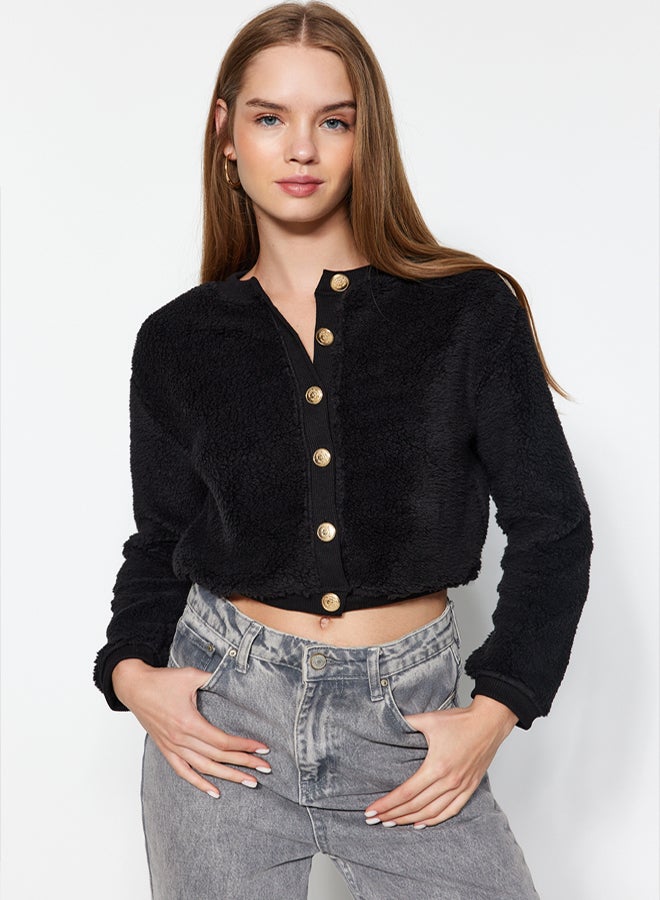 trendyol Black Gold Buttoned Plush Crop Knitted Cardigan - Image 1