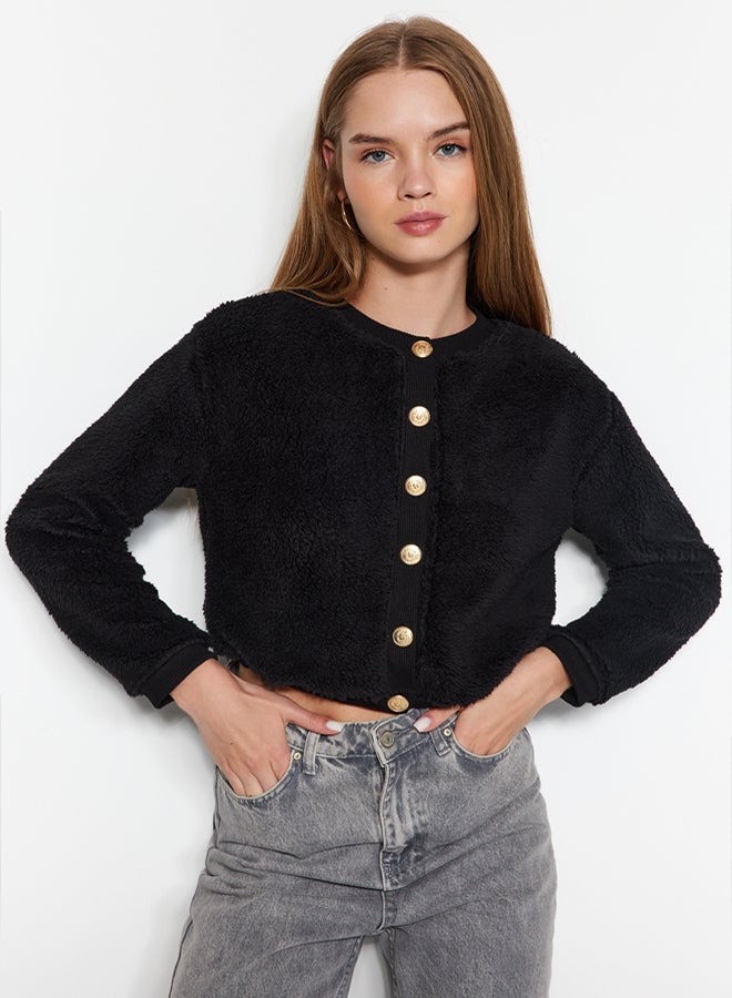 trendyol Black Gold Buttoned Plush Crop Knitted Cardigan - Image 3