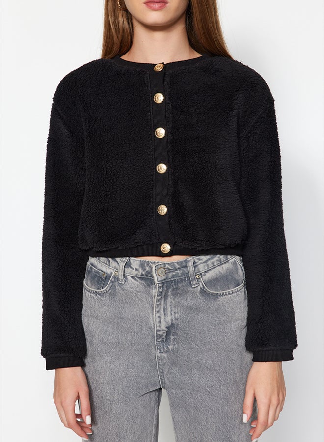 trendyol Black Gold Buttoned Plush Crop Knitted Cardigan - Image 4