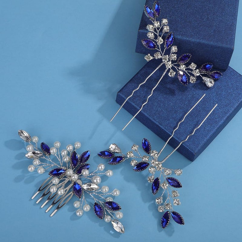 Missgrace Bride Blue Wedding Hair Side Comb with Hair Pins Pearls Women Hair Comb Rhinestone Crystal Headpiece Dainty Bridal Hair Accessories for Women - Image 5