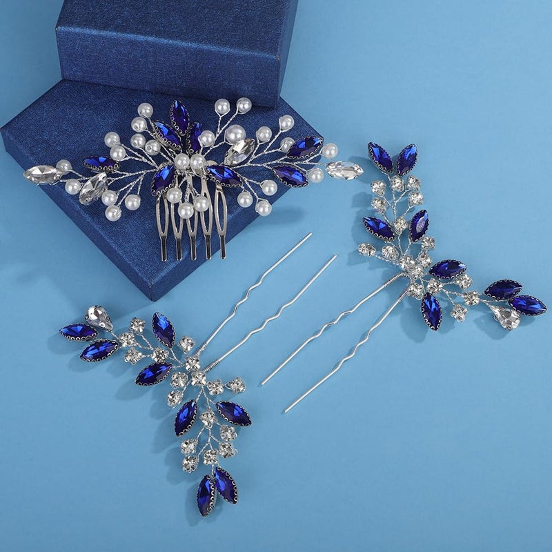 Missgrace Bride Blue Wedding Hair Side Comb with Hair Pins Pearls Women Hair Comb Rhinestone Crystal Headpiece Dainty Bridal Hair Accessories for Women - Image 3