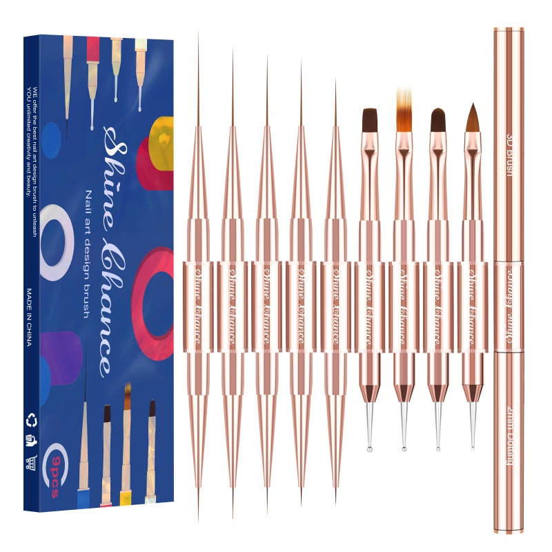 Shine Chance 9Pcs Nail Art Brushes Set, Professional Double-Ended Acrylic Liner Detail Brushes for Gel Polish Art Nail, 3D Art Nail Dotting Brush Pen for Manicure DIY Home Salon, Rosegold - Image 1