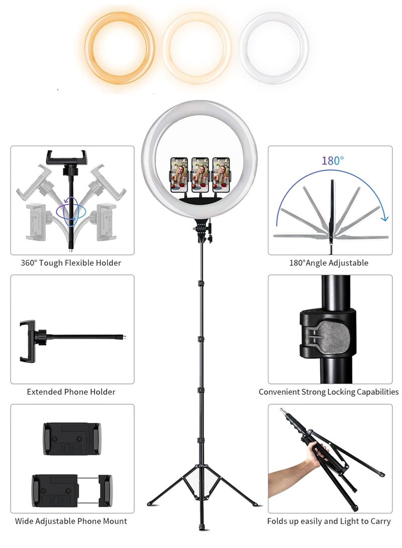 general 18 inch Dimmable Circle LED Studio Selfie Ring Light With 2.1 Meter Tripod Stand Remote And 3 Mobile Phone Holders For Makeup Camera Photography YouTube Video Shoot TikTok Vlog Live Stream Compatible - Image 3