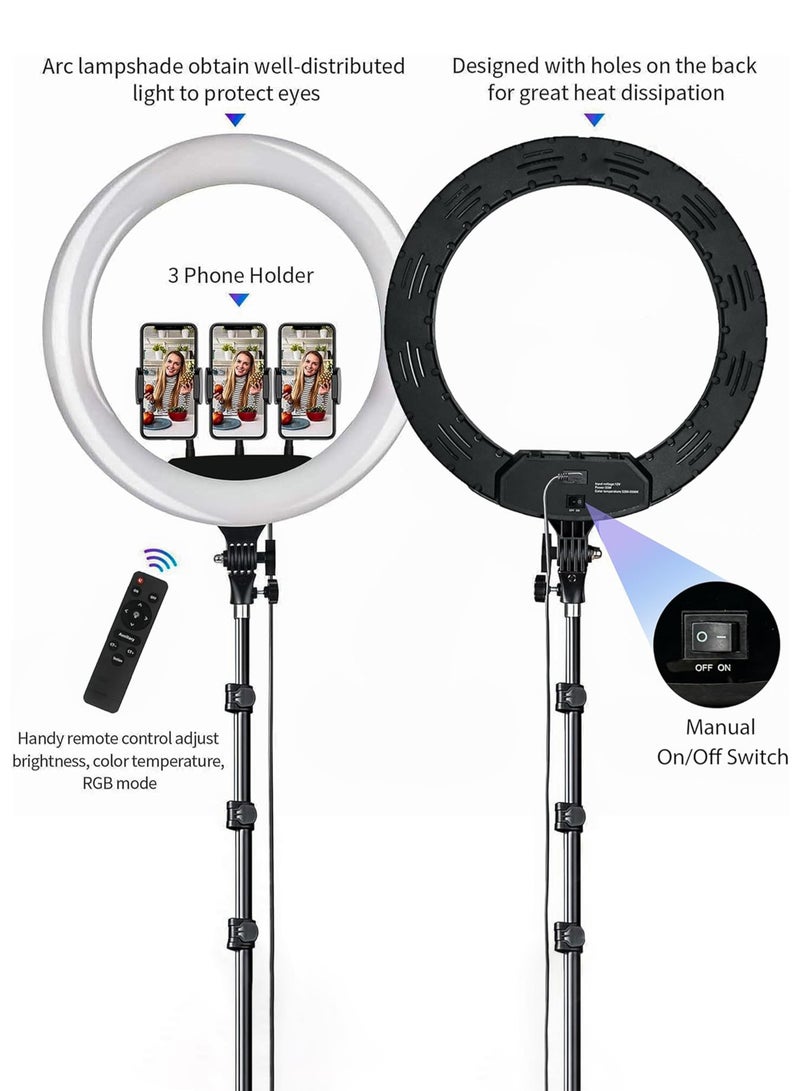 general 18 inch Dimmable Circle LED Studio Selfie Ring Light With 2.1 Meter Tripod Stand Remote And 3 Mobile Phone Holders For Makeup Camera Photography YouTube Video Shoot TikTok Vlog Live Stream Compatible - Image 4