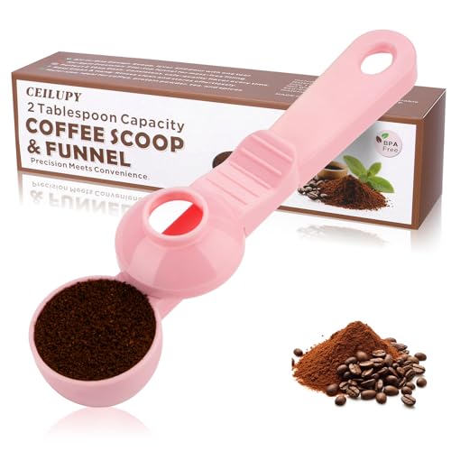 CEILUPY 2-in-1 Coffee Scoop with Funnel, 2 Teaspoon Measuring Spoon for Reusable K Cups, Ground Coffee, Protein Powder & Tea, Mess-Free Plastic Design (Pink) - Image 1