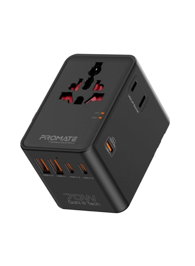 PROMATE TripMate-GaN70Pro 70W Universal Travel Adapter with GaN Fast Charging, 3 USB-C Ports, 2 USB-A Ports, Worldwide AC Plug Compatibility, Dual Side Sockets, PD Laptop Charging & BS1362 Safety Fuse Black - Image 2