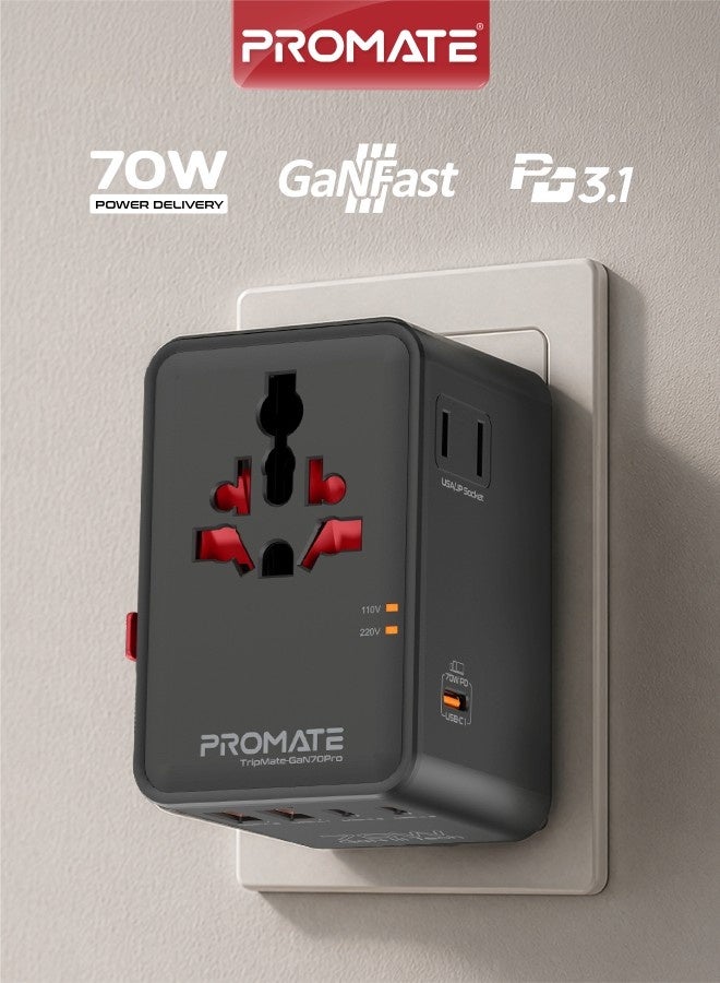 PROMATE TripMate-GaN70Pro 70W Universal Travel Adapter with GaN Fast Charging, 3 USB-C Ports, 2 USB-A Ports, Worldwide AC Plug Compatibility, Dual Side Sockets, PD Laptop Charging & BS1362 Safety Fuse Black - Image 1