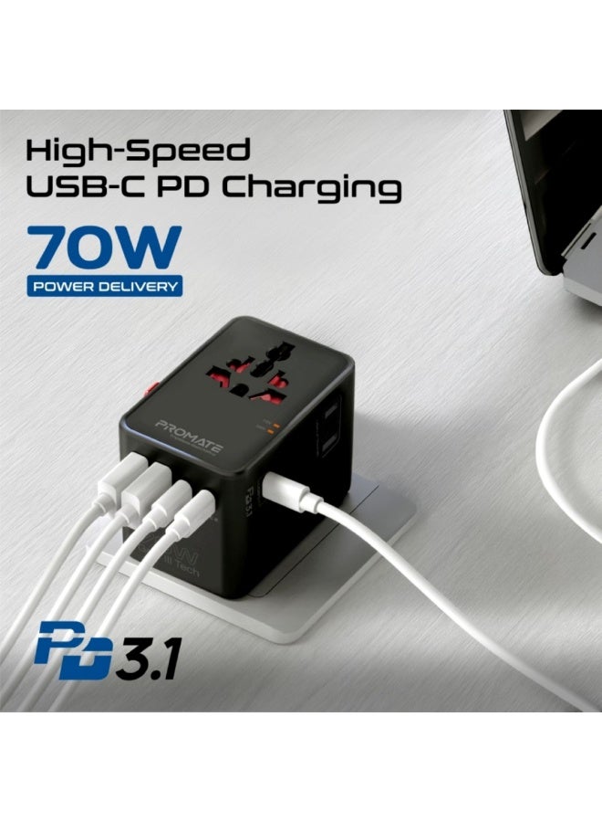 PROMATE TripMate-GaN70Pro 70W Universal Travel Adapter with GaN Fast Charging, 3 USB-C Ports, 2 USB-A Ports, Worldwide AC Plug Compatibility, Dual Side Sockets, PD Laptop Charging & BS1362 Safety Fuse Black - Image 4