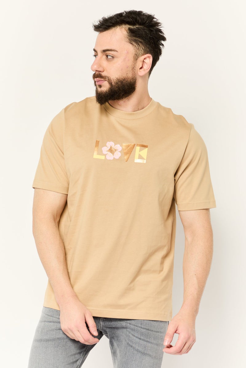 ESPRIT Men Crew Neck Short Sleeve Graphic Print T-Shirt, Tan - Image 1