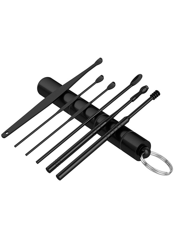 6pcs/Set Ear Cleaner Kit - Stainless Steel Earpick Wax Remover Spoon Spiral Curette Ear Cleaning Tools(Black) - Image 1