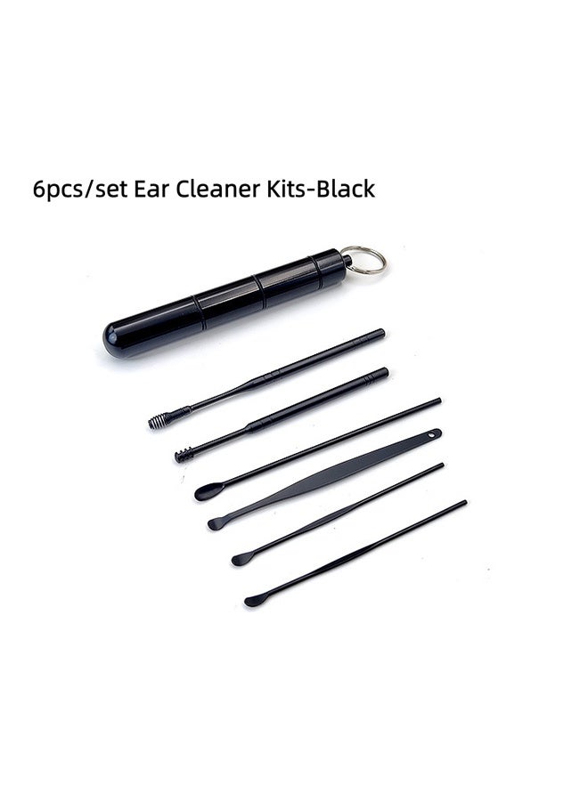 6pcs/Set Ear Cleaner Kit - Stainless Steel Earpick Wax Remover Spoon Spiral Curette Ear Cleaning Tools(Black) - Image 2