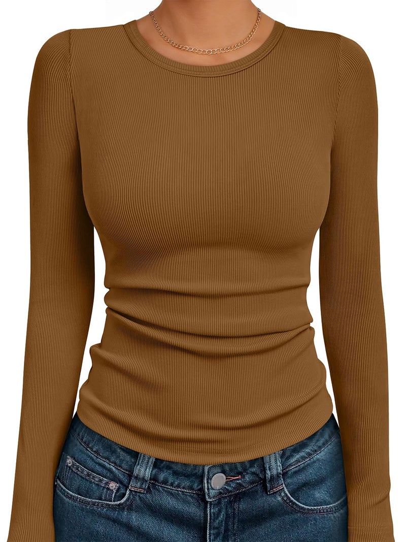 AUTOMET Women's Ribbed Long Sleeve Basic Top - Soft Stretch Crewneck Shirt for Work & Casual Light Brown XL - Image 1