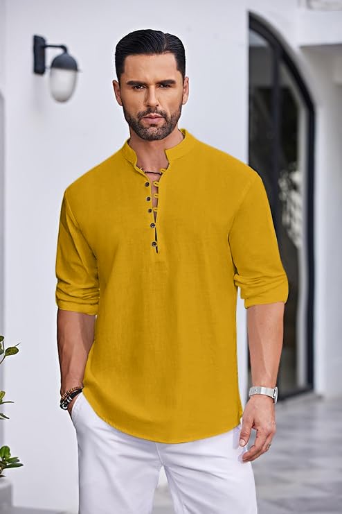 Macsivo Men's Stylish Mandarin Collar Kurta | Casual Ethnic Fusion Shirt for Daily, Party & Travel | Full Sleeves | Cotton Blend Comfort Fit Short Kurta Gold - Image 5