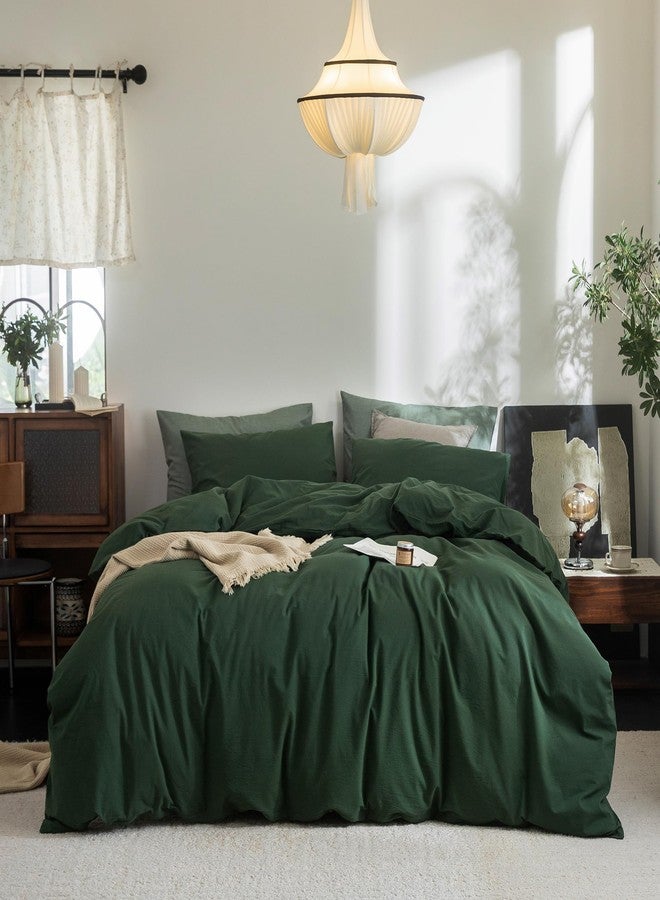 FOSSA Duvet Cover Set 100% Washed Cotton Linen Feel Super Soft Breathable Cozy 3 Pieces Bedding Sets Solid Forest Green Queen - Image 1