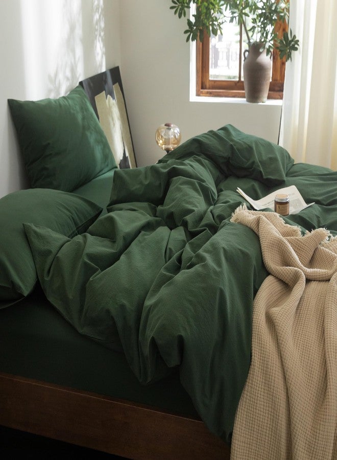 FOSSA Duvet Cover Set 100% Washed Cotton Linen Feel Super Soft Breathable Cozy 3 Pieces Bedding Sets Solid Forest Green Queen - Image 2