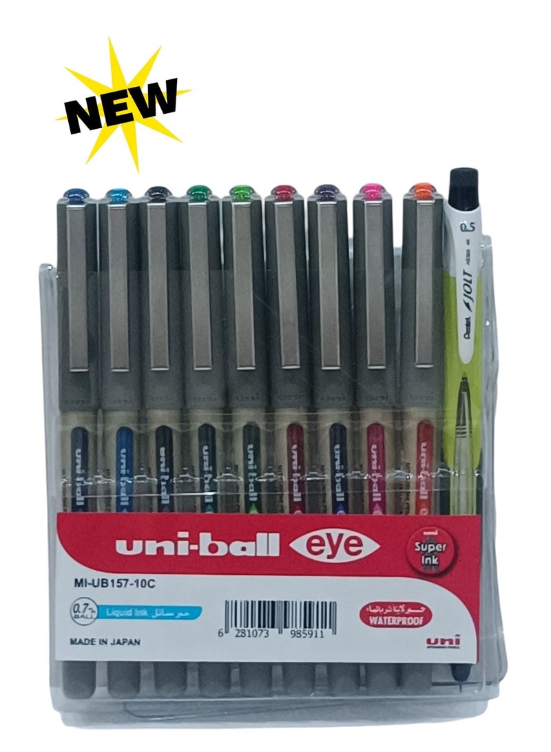 يوني بول مجموعة أقلام حبر سائل متعددة الألوان مع قلم رصاص بنتل عبوة مكونة من 10 قطع - Image 1