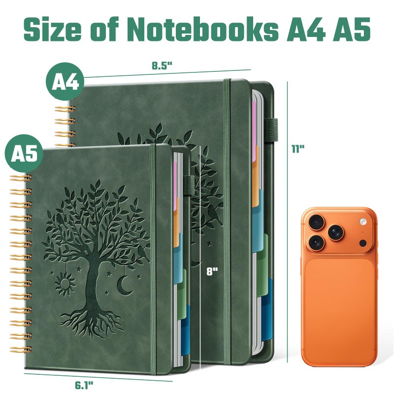 Ovesmusl Hardcover Spiral Notebook 6.1" x 8.4" with 5 Removable Dividers 300 Pages Leather 5 Subject Notebook College Ruled 100GSM Large Spiral Notebooks for Work Thick Lined Journal for Women, Green - Image 5