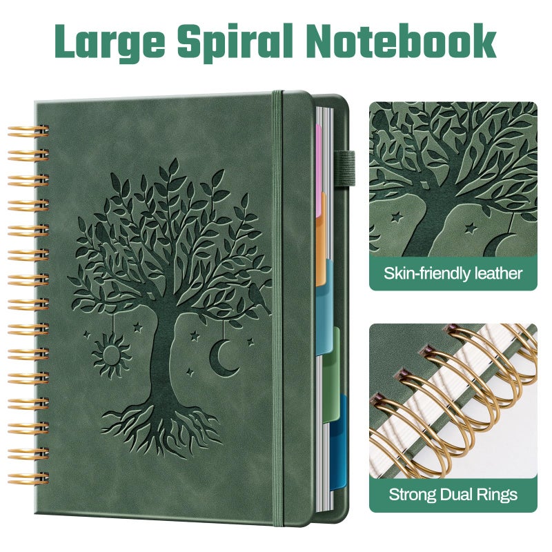 Ovesmusl Hardcover Spiral Notebook 6.1" x 8.4" with 5 Removable Dividers 300 Pages Leather 5 Subject Notebook College Ruled 100GSM Large Spiral Notebooks for Work Thick Lined Journal for Women, Green - Image 4