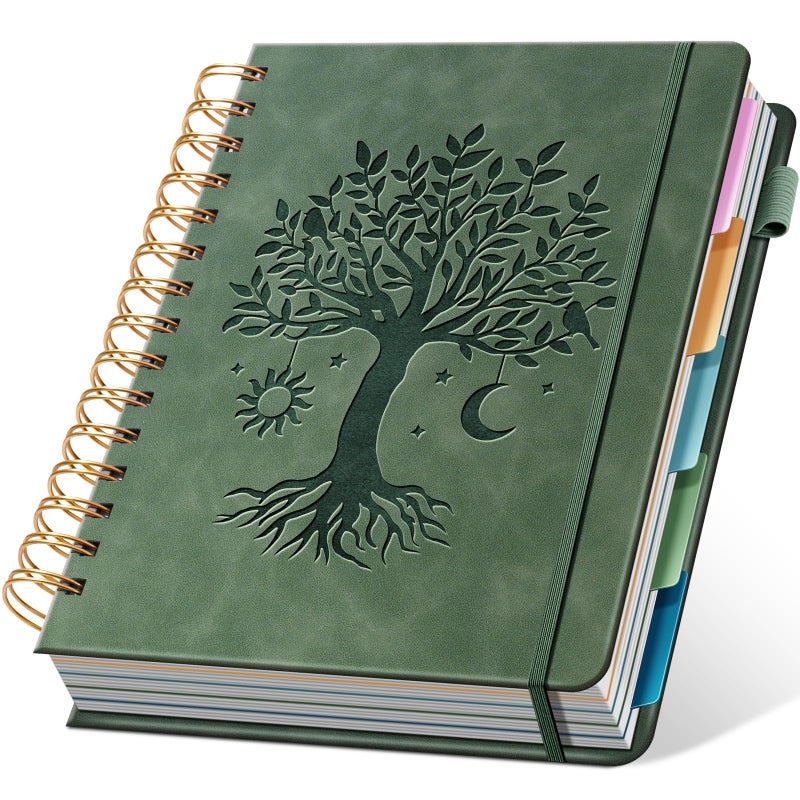 Ovesmusl Hardcover Spiral Notebook 6.1" x 8.4" with 5 Removable Dividers 300 Pages Leather 5 Subject Notebook College Ruled 100GSM Large Spiral Notebooks for Work Thick Lined Journal for Women, Green - Image 1