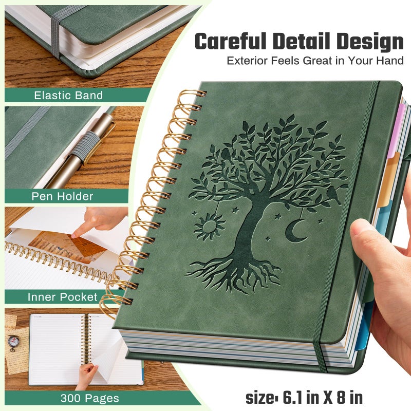 Ovesmusl Hardcover Spiral Notebook 6.1" x 8.4" with 5 Removable Dividers 300 Pages Leather 5 Subject Notebook College Ruled 100GSM Large Spiral Notebooks for Work Thick Lined Journal for Women, Green - Image 3