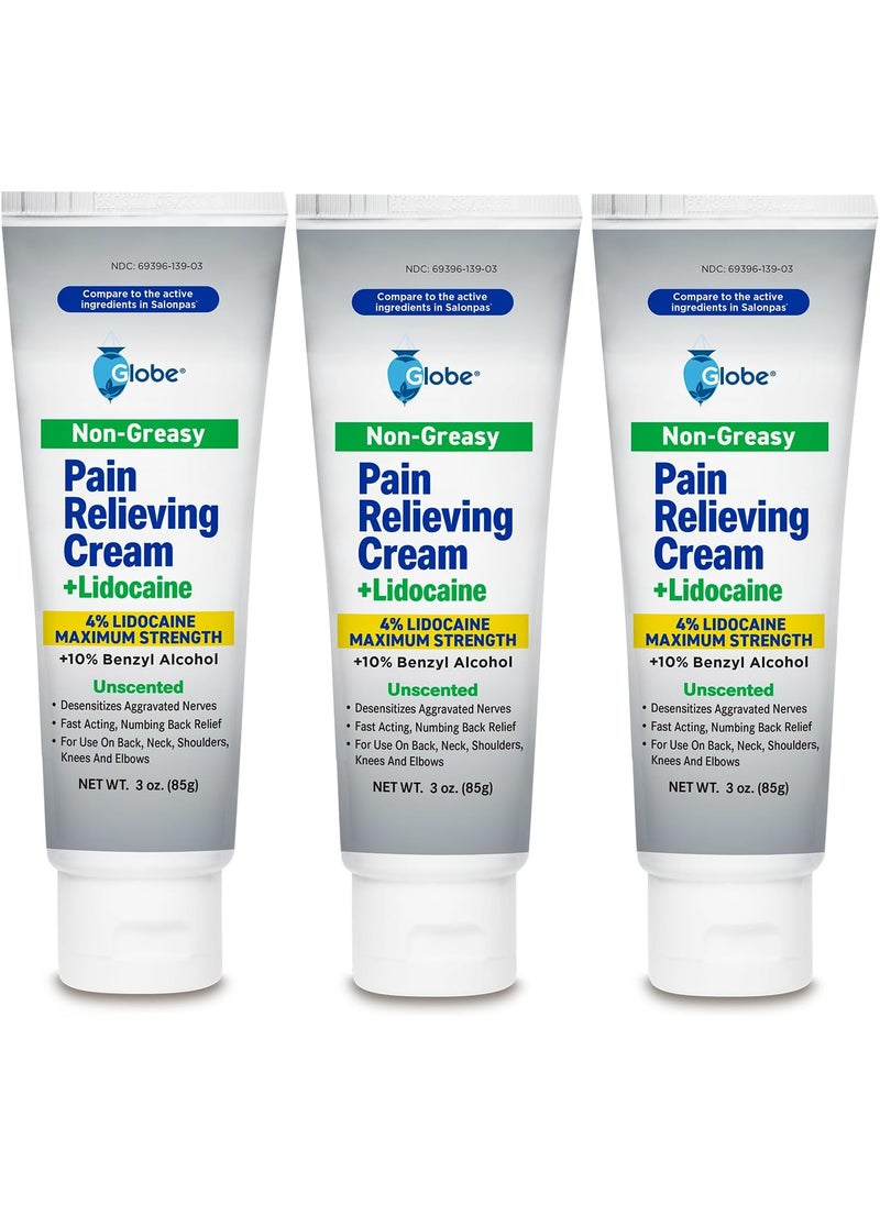 Globe Globe Lidocaine 4% + Pain Relieving Cream, Fast Acting, Numbing Relief, Unscented, Compare to The Brand Name Lidocaine Plus Pain Relieving Cream. (3 oz Tubes x 3) (Total 9 oz) 