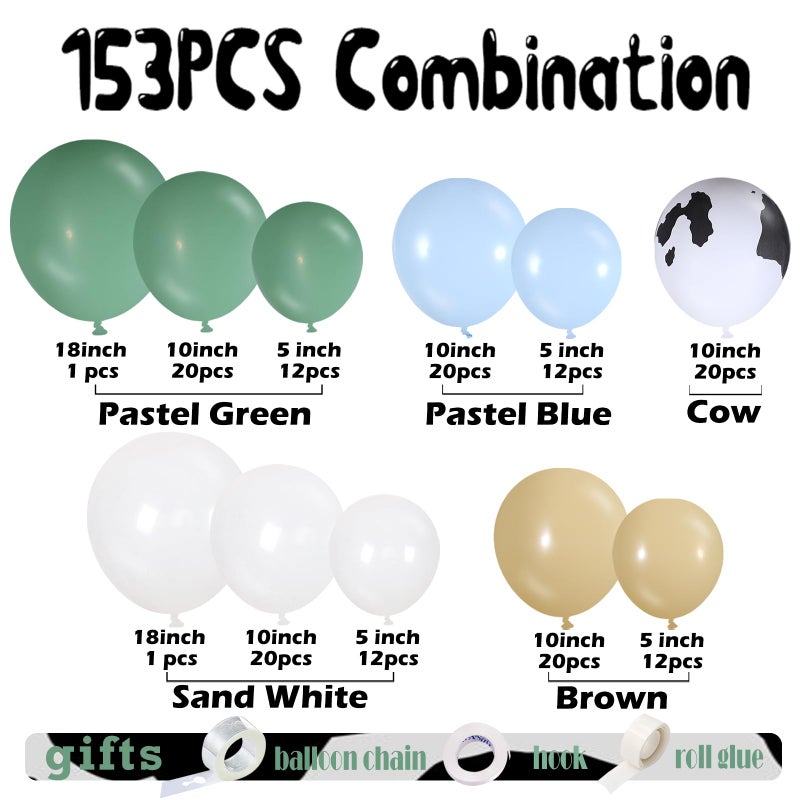 Vztipki 153 Pcs Green Cow Balloon Arch Garland Kit â€“ Sage Green, Blue, Brown, Sand White, and Cow Print Balloons for Farm, Western, Birthday, Baby Shower and Cowboy Theme Party Decorations - Image 2