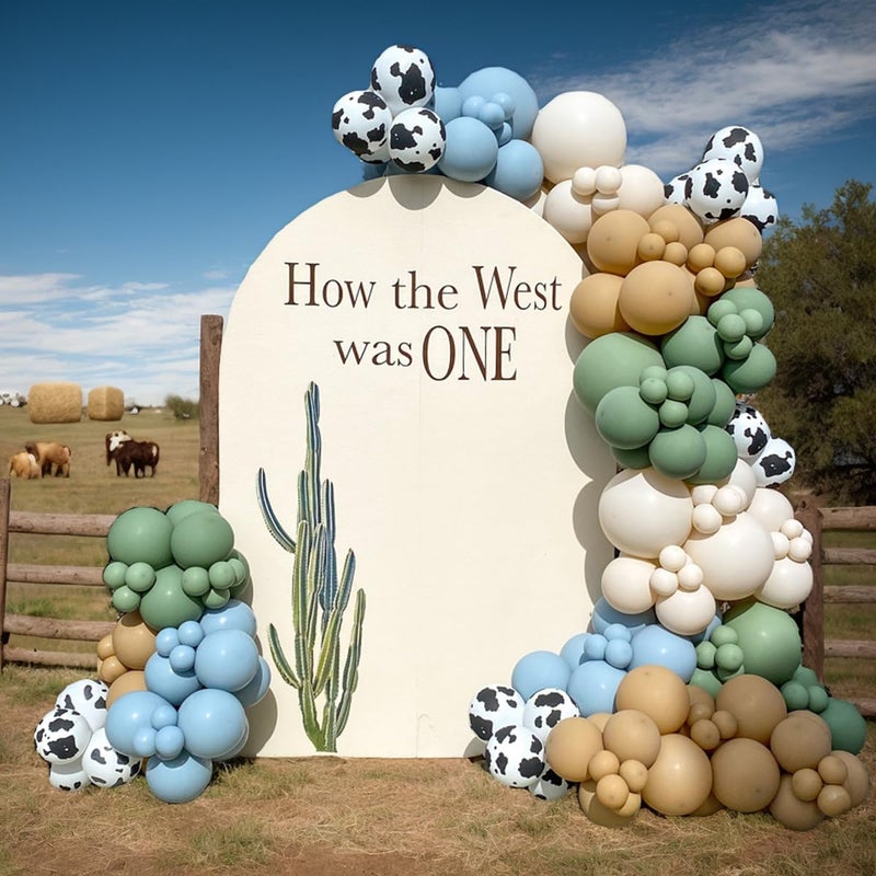 Vztipki 153 Pcs Green Cow Balloon Arch Garland Kit â€“ Sage Green, Blue, Brown, Sand White, and Cow Print Balloons for Farm, Western, Birthday, Baby Shower and Cowboy Theme Party Decorations - Image 1