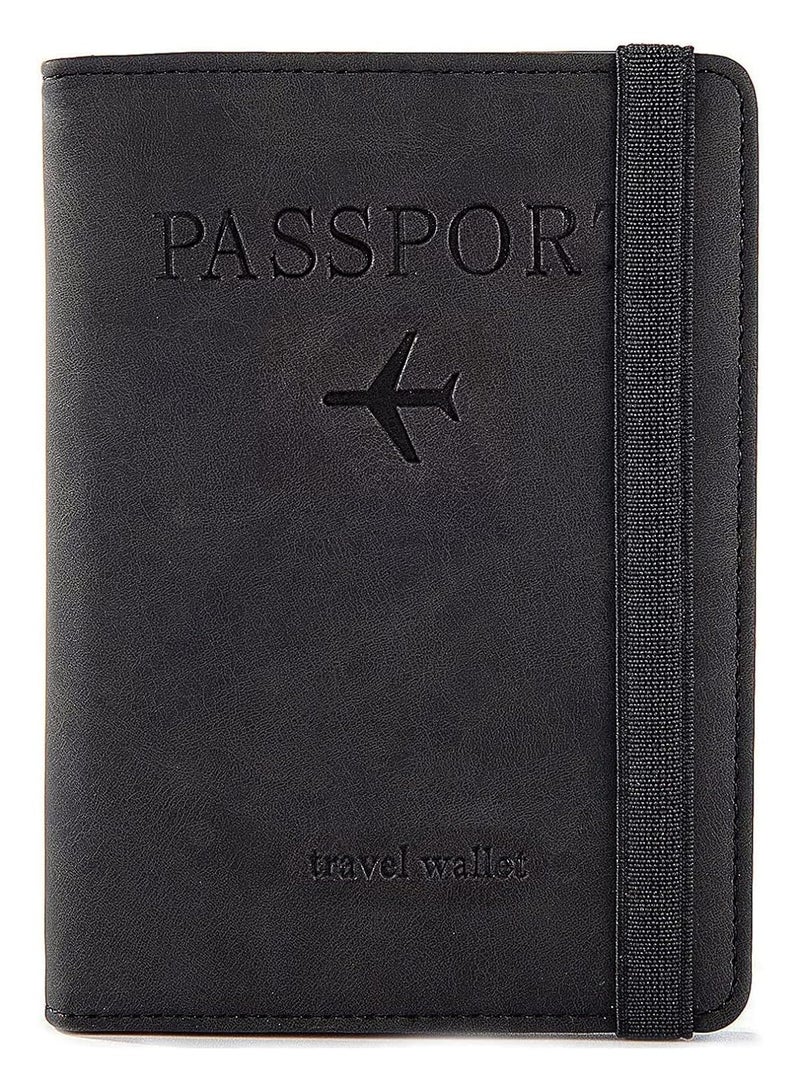 VKL Passport Travel Holder Cover Case with Elastic Strap, PU Leather RFID Blocking Document Organizer Protector,for Credit & ID Cards, Boarding Passes (Black) - Image 1