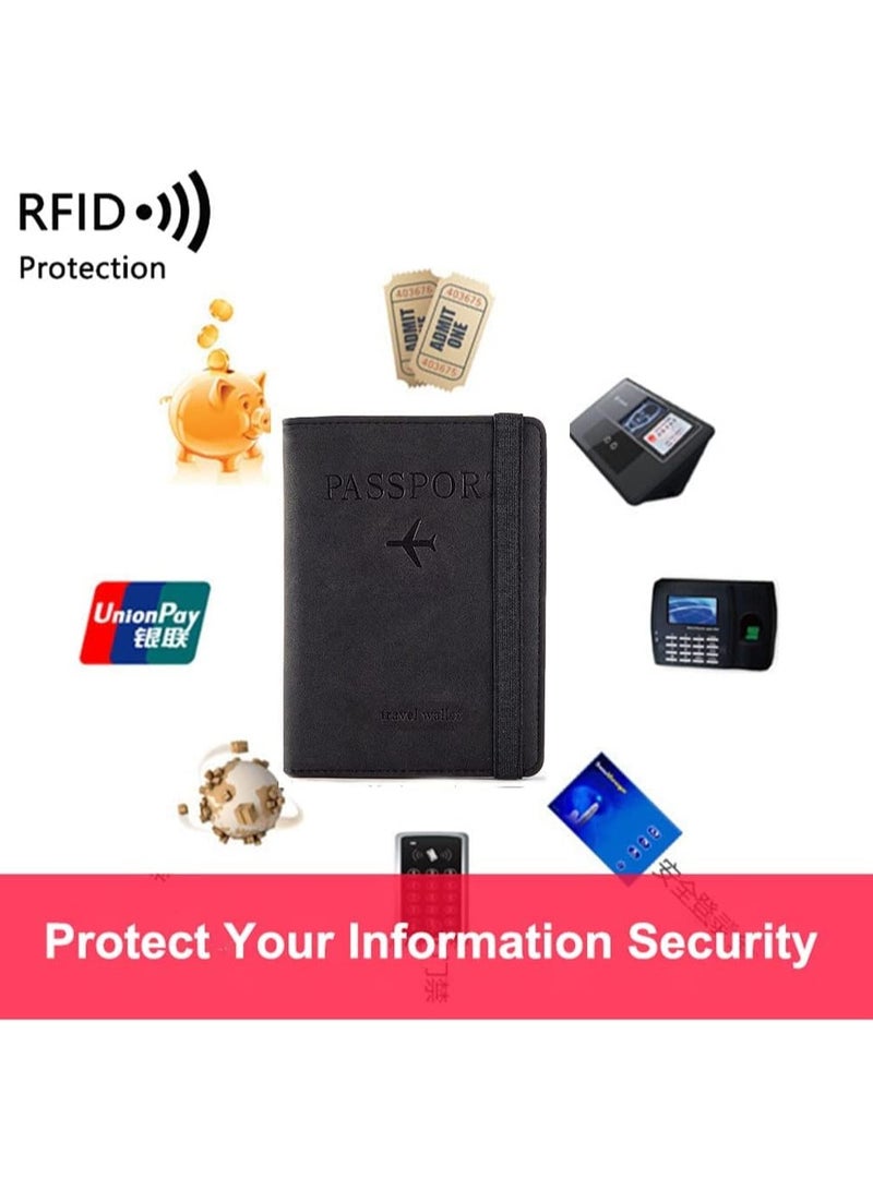VKL Passport Travel Holder Cover Case with Elastic Strap, PU Leather RFID Blocking Document Organizer Protector,for Credit & ID Cards, Boarding Passes (Black) - Image 4