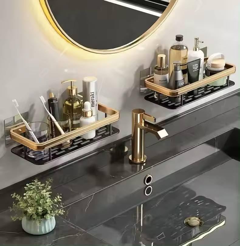 No Drilling Bathroom Shelf, Shampoo Storage Rack, Kitchen Shelf, Toilet Storage Shelf, Kitchen, Bathroom Accessories Set (Gold Standard, 2 Pieces) - Image 1