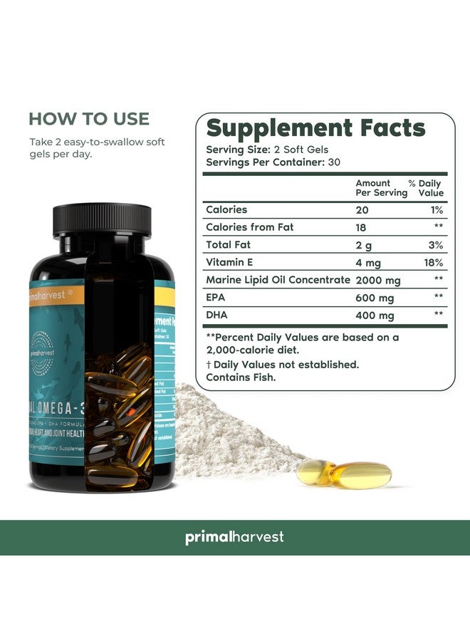 Primal Harvest Omega 3 Fish Oil Supplements, 30 Servings Soft Gels Capsules w/ 1000mg EPA + DHA Supplements, No Fishy Burps Non-GMO Omega 3 Fatty Acid, 2 Pack - Image 1