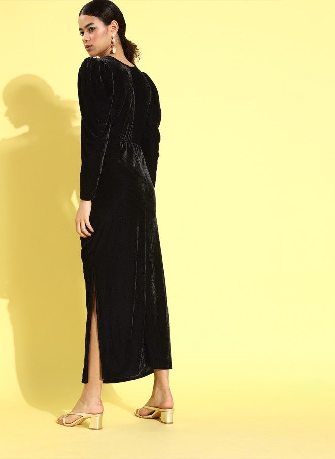 Athena Stylish Black Solid Velvet Dress for Women - Image 4