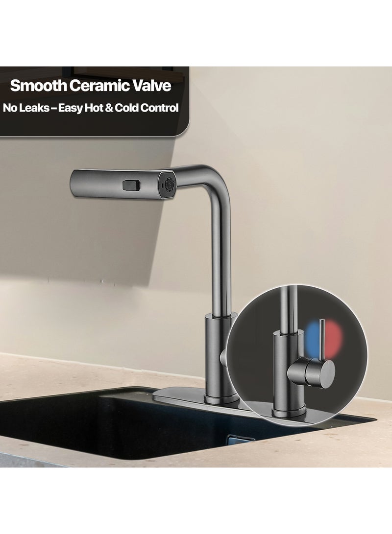 ABJ Stainless Steel Kitchen Faucet with Pull Down Sprayer – Waterfall Spout, Single Handle, 3-Function Commercial Sink Faucet with 360° Swivel and Retractable Hose - Image 3