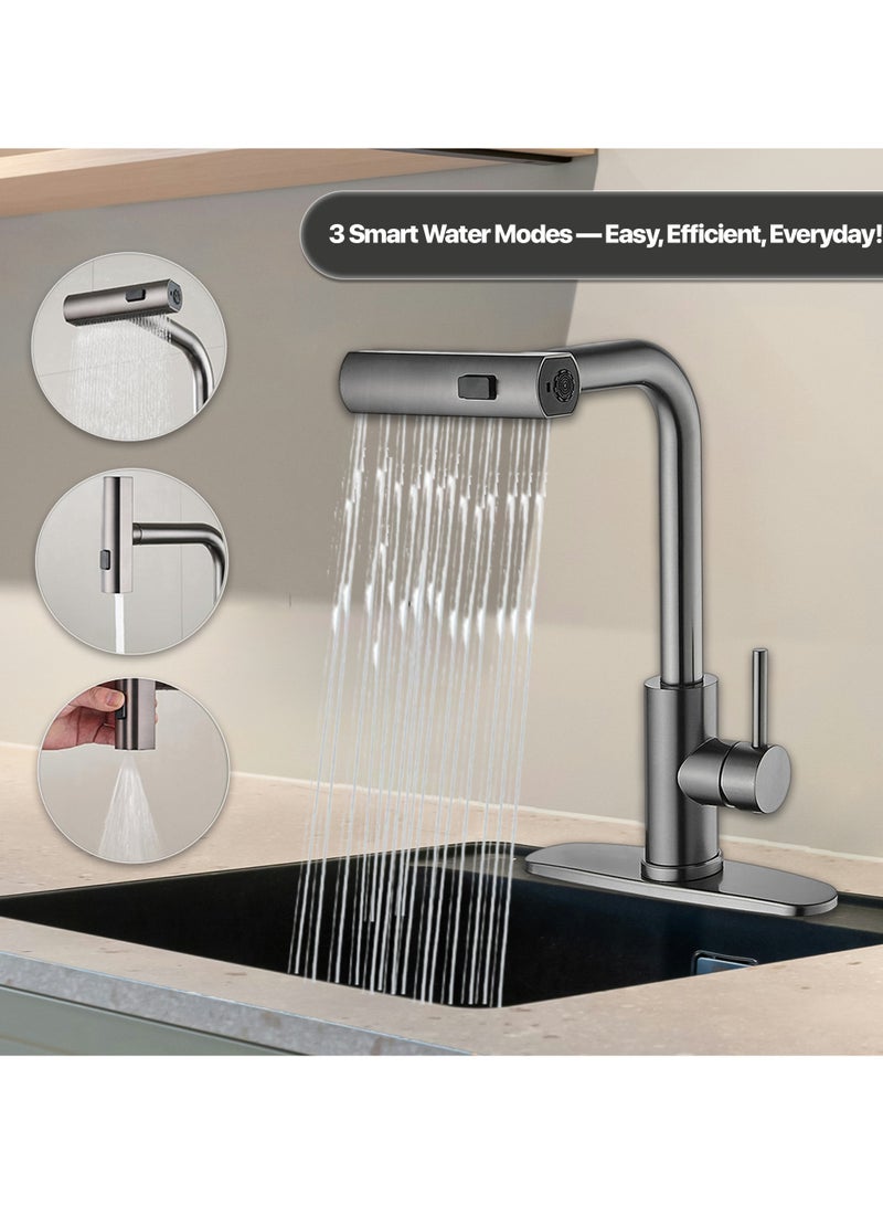 ABJ Stainless Steel Kitchen Faucet with Pull Down Sprayer – Waterfall Spout, Single Handle, 3-Function Commercial Sink Faucet with 360° Swivel and Retractable Hose - Image 2