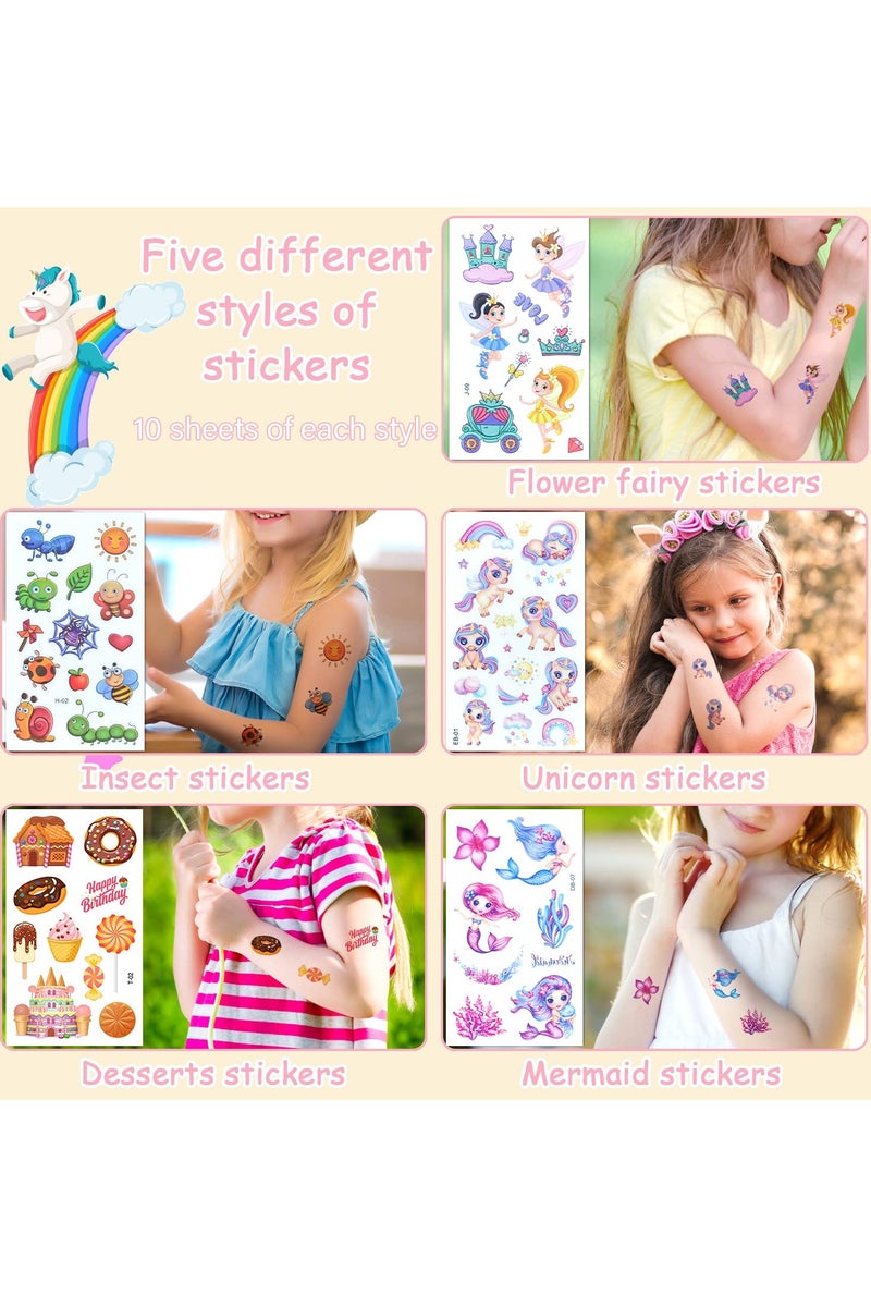 قوس قزح أورينبو 50 ورقة وشم مؤقت للأطفال، 538 قطعة وشم مزيف، حيوانات، حشرات، وحيد القرن، جنيات، حوريات البحر، مجموعة وشم لطيفة، وشم مقاوم للماء لحفلات أعياد الميلاد، لوازم هدايا، حقيبة هدايا - Image 3