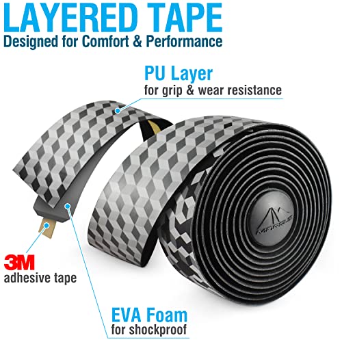 MARQUE Pro Bike Handlebar Tape – Road Cycling Bicycle Handle Bar Wrap with Adhesive Backs, Comes with Pair of Bar End Plugs – 2 Rolls per Set (Fusion Black) - Image 2