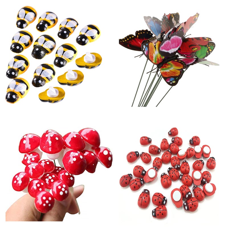 Krisah Wood, Foam, Paper 5 Pcs Butterflies Stakes,10 Pcs Mushrooms, 10 Pcs Honeybees & 10Pcs Ladybugs Garden/Plant Décor,Multi Color,Small - Image 1
