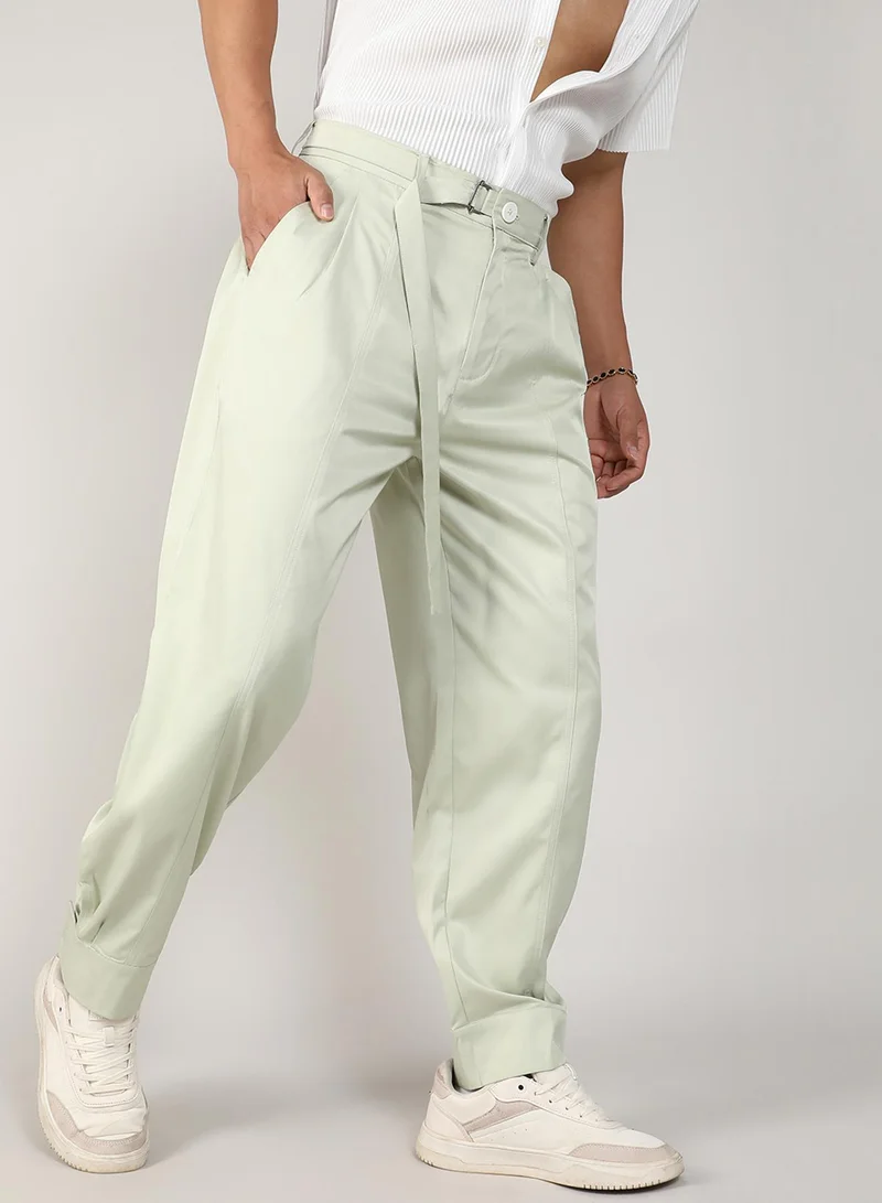 Campus Sutra Men's Pale Green Satin Tapered Trousers For Casual Wear | Tailored Fit | 4 Pockets | Button Closure | Trousers Crafted With Comfort Fit For Everyday Wear