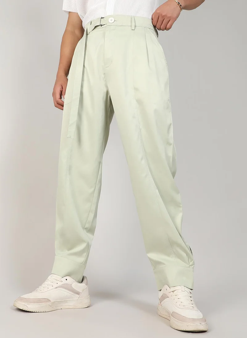 Campus Sutra Men's Pale Green Satin Tapered Trousers For Casual Wear | Tailored Fit | 4 Pockets | Button Closure | Trousers Crafted With Comfort Fit For Everyday Wear