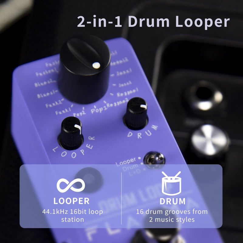 FLAMMA FC01 Looper Pedal Drum Machine 2 in 1 Drum Looper Guitar Pedals, 20 Minutes Loop Time with 16 Drum Grooves, Tap Tempo, 44.1kHz/16Bit Mini Guitar Effects Pedal with 3 Mode - Image 2