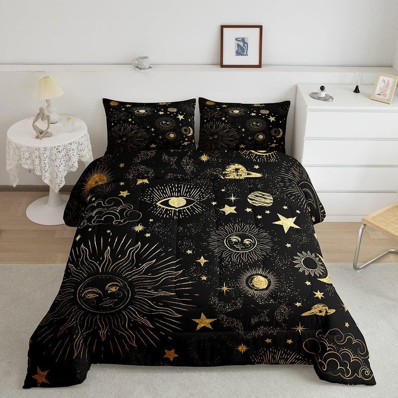 Erosebridal Star Moon Bedding Set Full Size Starry Sky Series Comforter Set Kids Child Cosmic Planets Sun Face Pattern Duvet Insert Boys Girls Trippy Hippie Quilted Duvet Soft Living Bedroom Decor 
