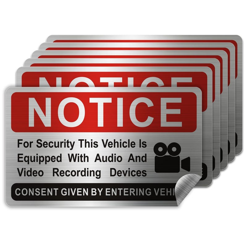 LEMBANG 6 pieces Notice Vehicle is Equipped With Audio And Video Recording Devices,In Car Camera Recording Stickers for Cars, Brushed Silver,3.3inx2in - Image 1