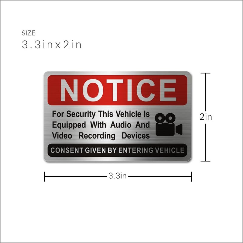 LEMBANG 6 pieces Notice Vehicle is Equipped With Audio And Video Recording Devices,In Car Camera Recording Stickers for Cars, Brushed Silver,3.3inx2in - Image 2