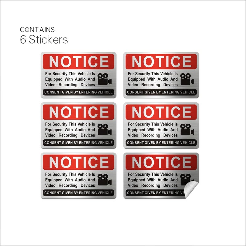 LEMBANG 6 pieces Notice Vehicle is Equipped With Audio And Video Recording Devices,In Car Camera Recording Stickers for Cars, Brushed Silver,3.3inx2in - Image 3