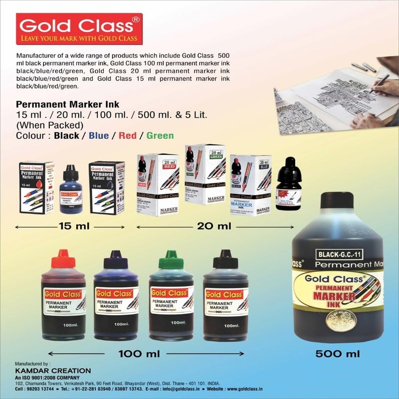 Gold Class Permanent Marker Ink, 500ML | Easily refillable | Suitable for Permanent Markers with Multiple Surfaces | Office & School Stationery - Pack of 1 (Blue) - Image 2